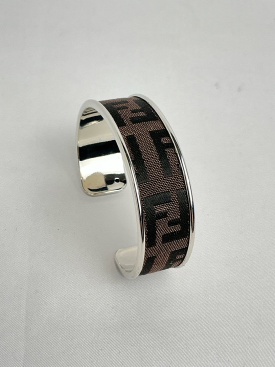 Fendi Jewelry - FENDI Brown Monogram Cloth Canvas Silver Cuff Bangle Bracelet